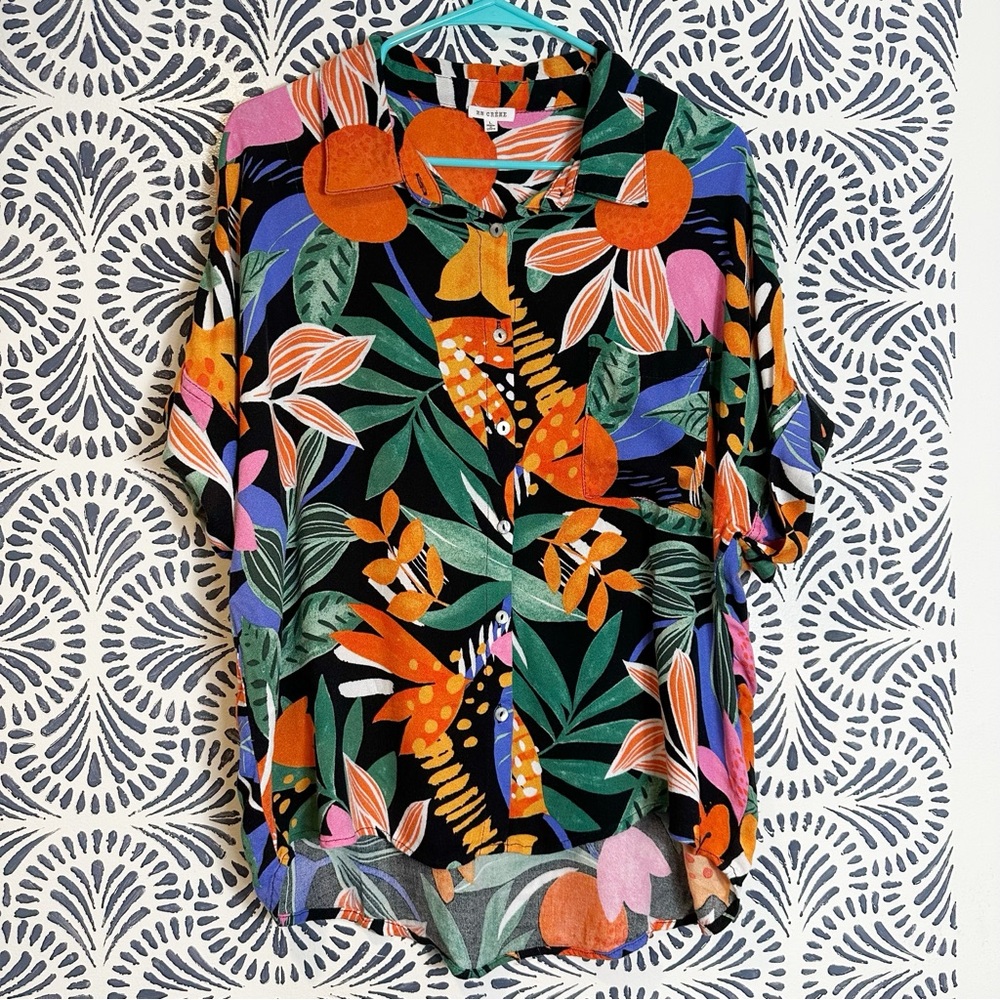 En Crème Bold Floral Tropical Button Down Summer Top FLAW